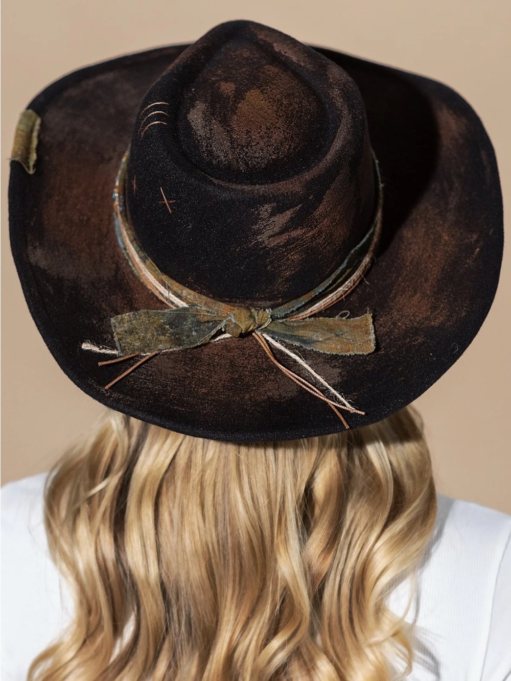 Distressed Black and Brown Felt Fedora with Decorative Bow